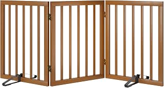 Freestanding Pet Gate Foldable Dog Gate (55 inches Wide) Walnut Bamboo Door Gates for Stair Doorways House Dog Fences Indoor (2 Support Feet Included)