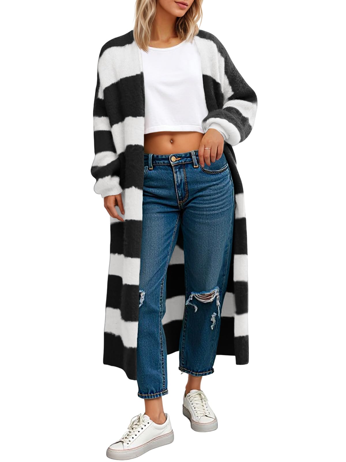 Saodimallsu Womens Striped Long Cardigan Sweaters Open Front Oversized Chunky Fu