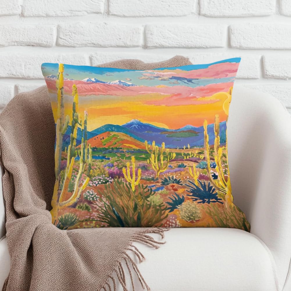 Watercolor Bohemian Western Pillow Cover 18x18, Retro Mid-Century Modern Boho Su