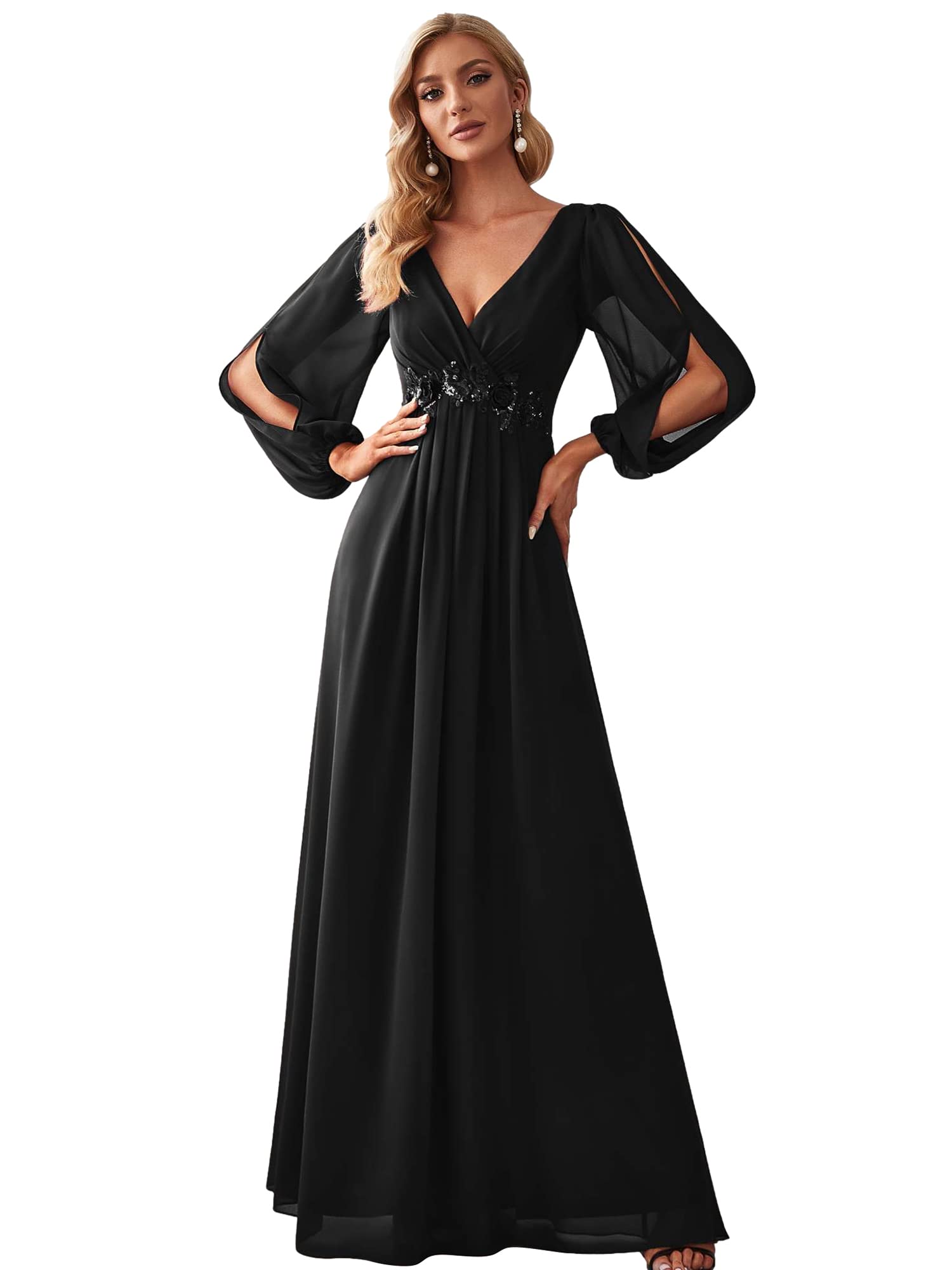 Ever-Pretty Plus Size Woman Long Sleeve V-Neck Chiffon Applique Pleated Mother o