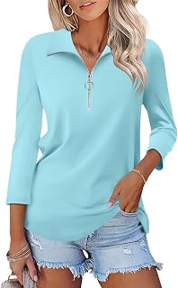 TICTICMISS Women's 3/4 Sleeve Tops V Neck T Shirts Zipper Solid/Color Block Collared Polo Shirts