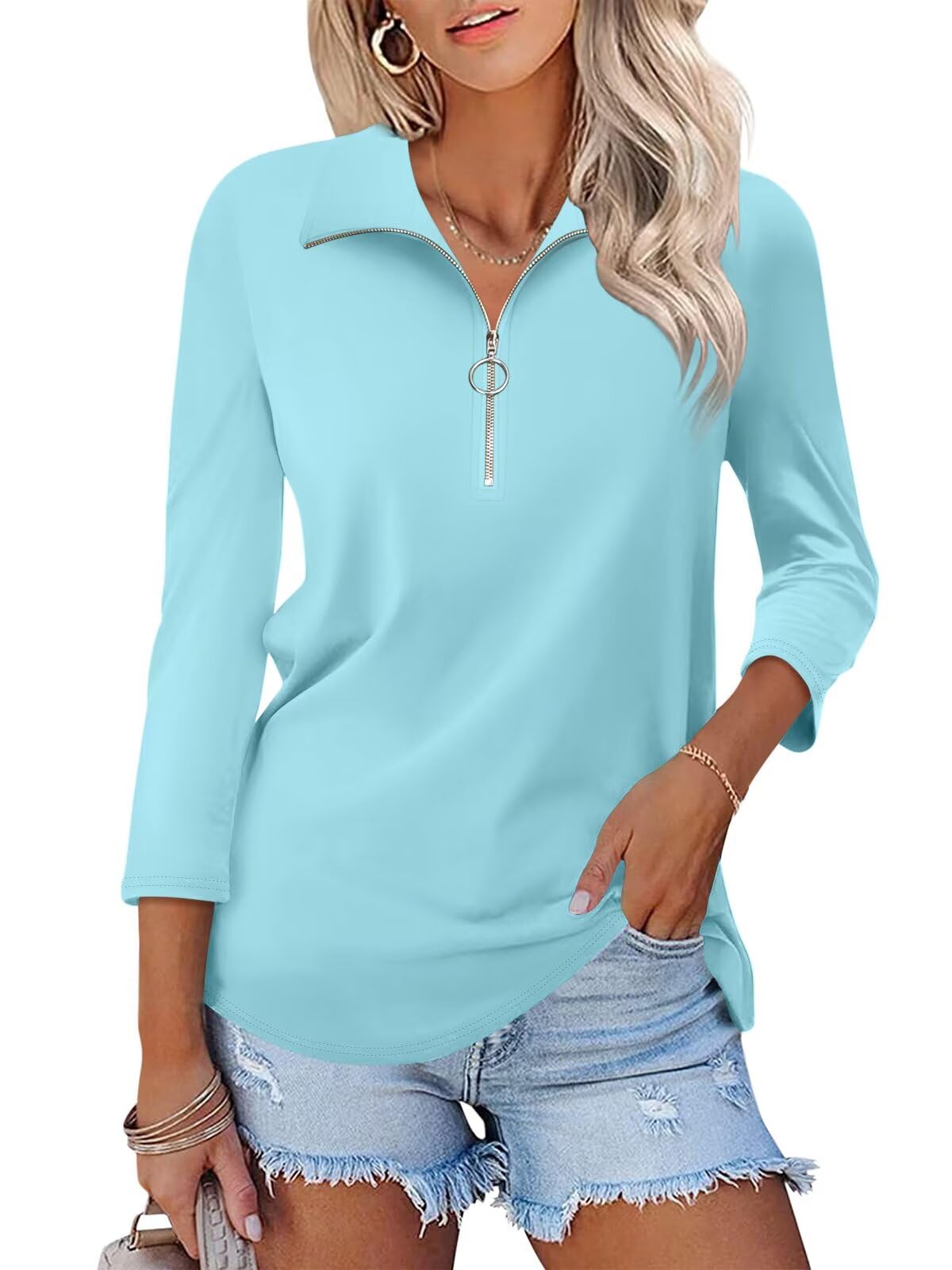 TICTICMISS Women's 3/4 Sleeve Tops V Neck T Shirts Zipper Solid/Color Block Coll