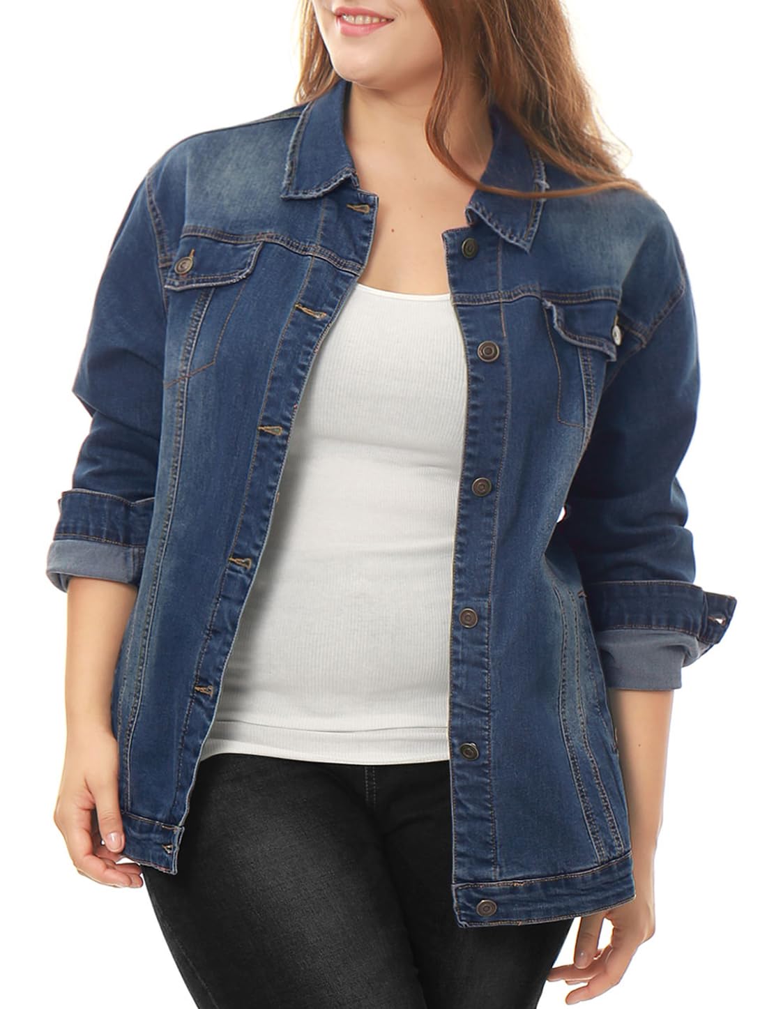 uxcell Women Plus Size Button Stitching Washed Denim Jackets