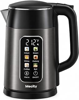 Mecity Electric Kettle 1.7L Touch Screen Temperature Control Water Boiler, No Plastic Contact with Water. 6 Preset Temperature Programs, 2 Hours Keep Warm, Auto Shut Off, Dark Grey