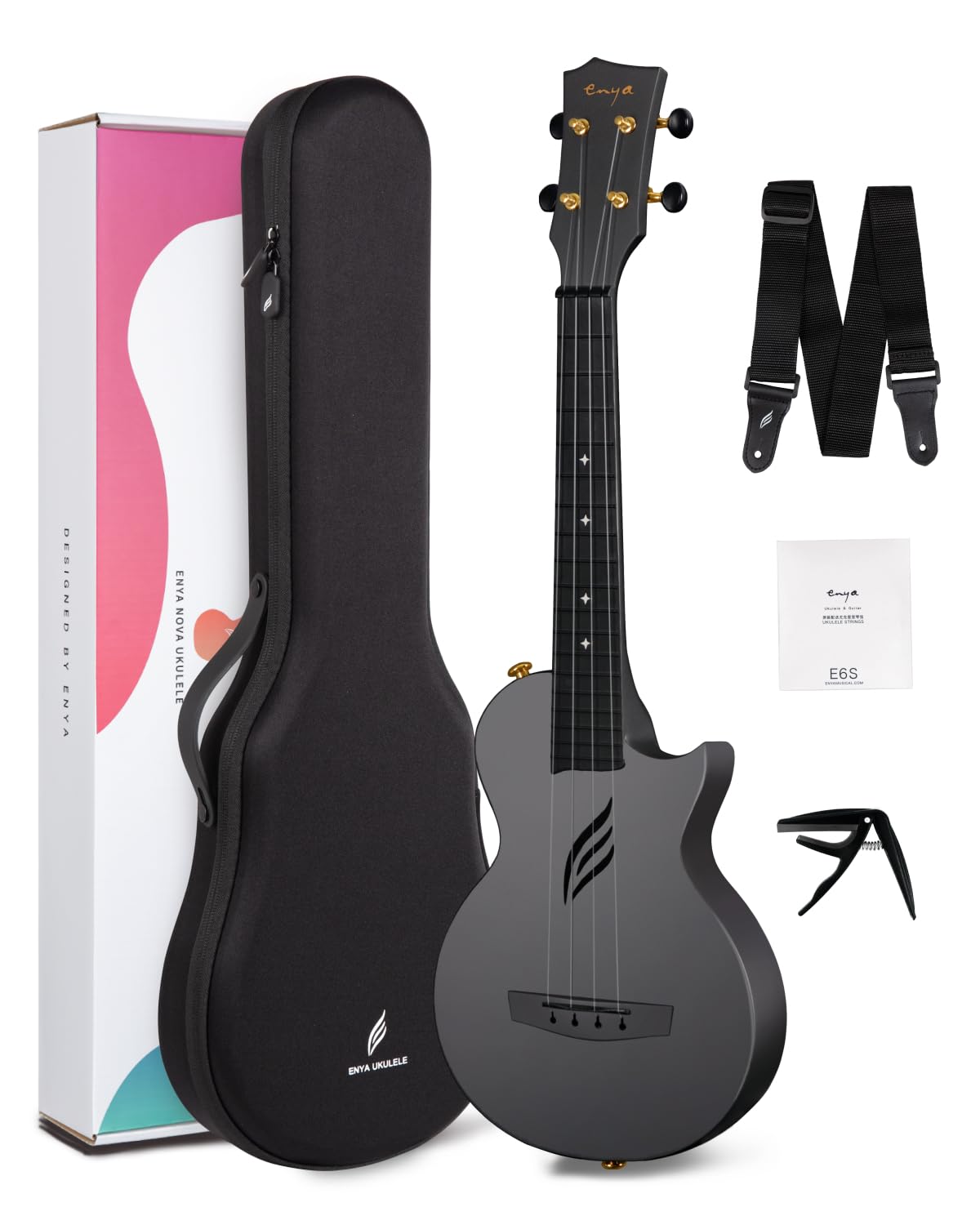 Enya NOVA U 23-Inch Carbon Fiber Concert Travel Ukulele, Black | Waterproof Body