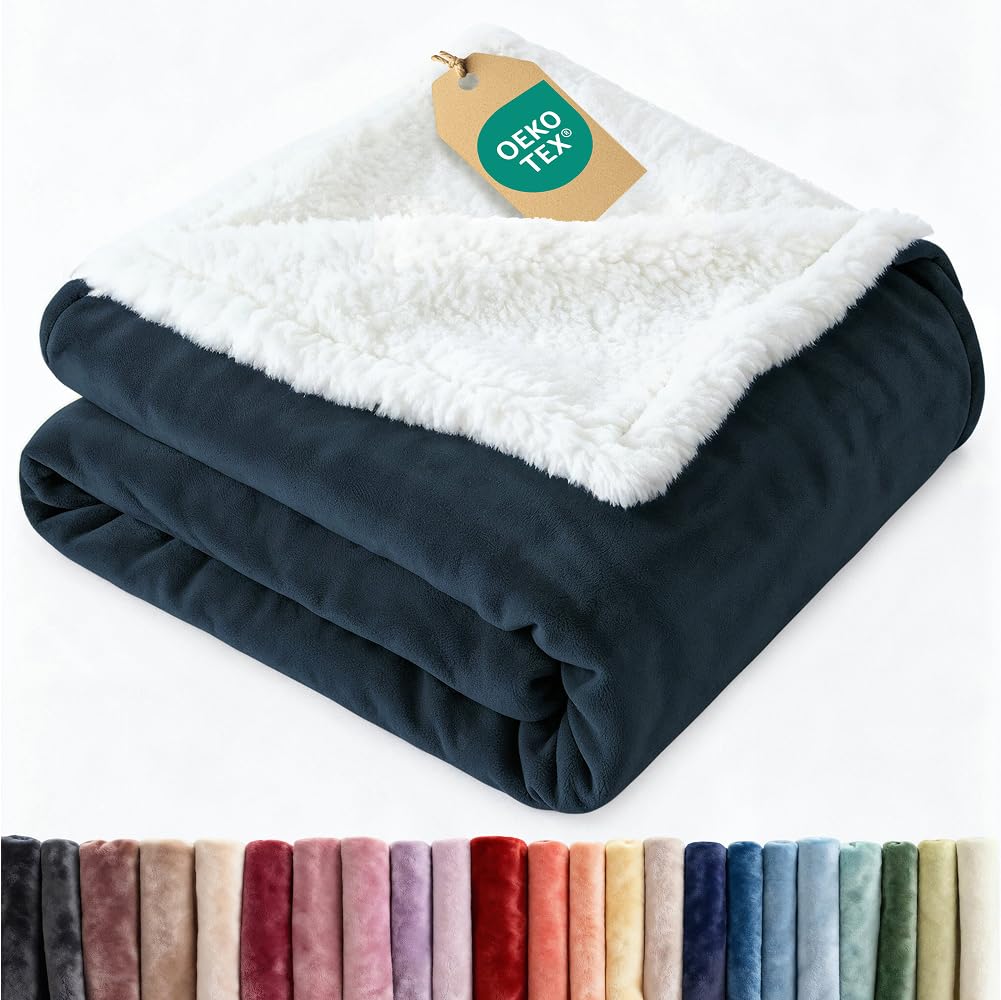 Sherpa Fleece Blanket Twin Size - Reversible Blanket - Navy, 60" x 80" | Super S