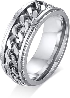 Rockyu Brand Stainless Steel Men's Ring, Rotating Chain Tether, Roman Numerals, Fashionable, Anxiety and Stress Relief, Health Accessories, stainless steel,