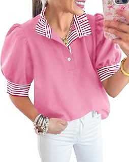 Cicy Bell Women Summer Blouses Puff Sleeve Casual Elegant Ruffle V Neck Color Block Tops Striped Loose Fit Button Shirts Polo Shirts