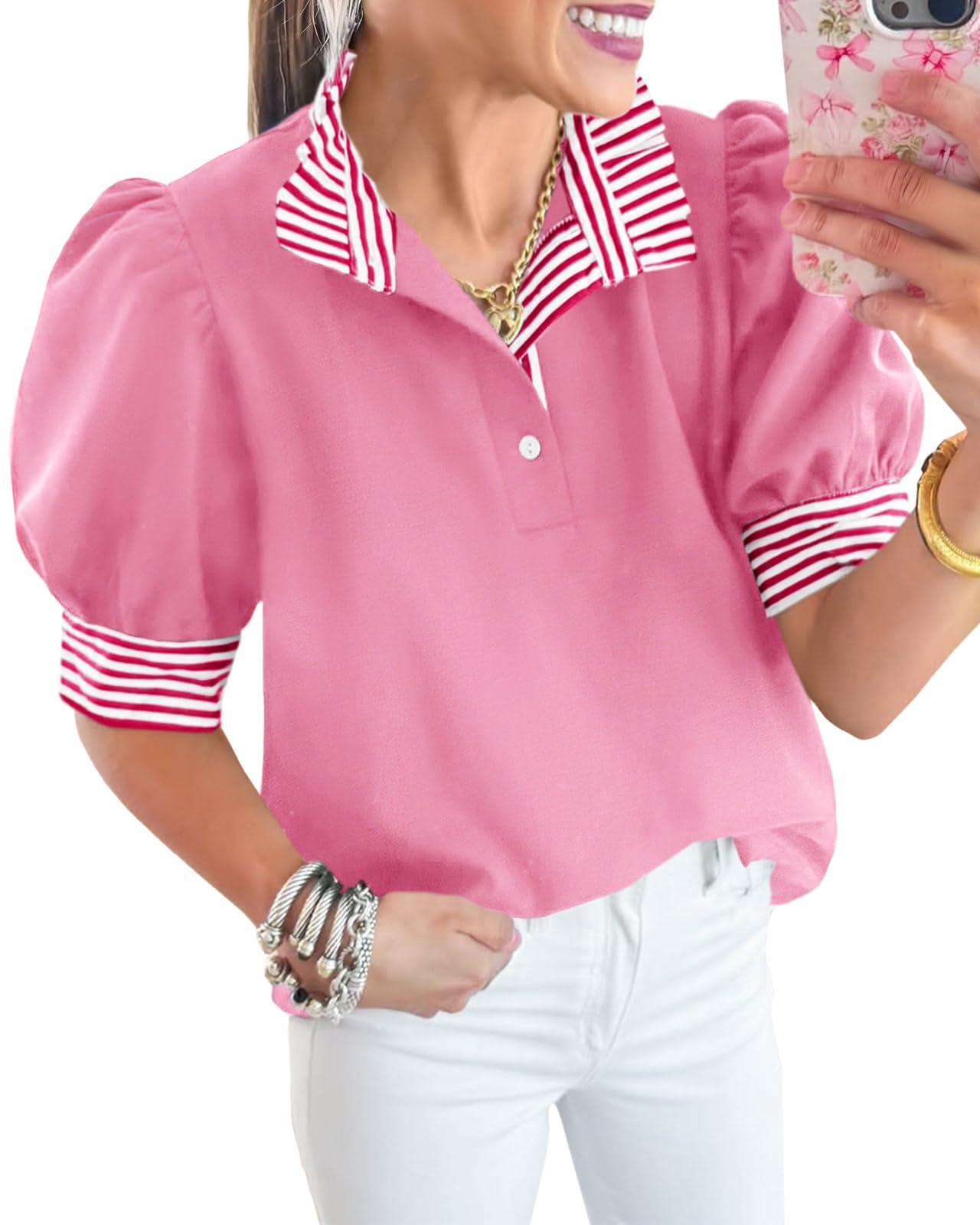 Cicy Bell Women Summer Blouses Puff Sleeve Casual Elegant Ruffle V Neck Color Bl