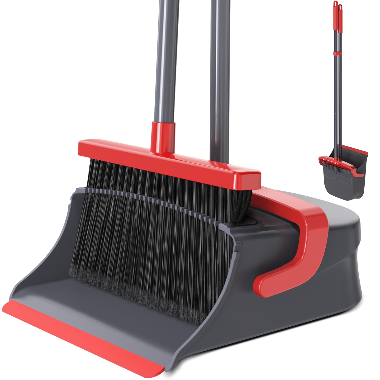 Zeawec Broom with Dustpan Set for Pet Hair & Dust Cleanup, Red & Gray | Long Han