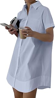 Rooscier Women Casual Collared V Neck Button Down Short Sleeve Loose Mini Dresses