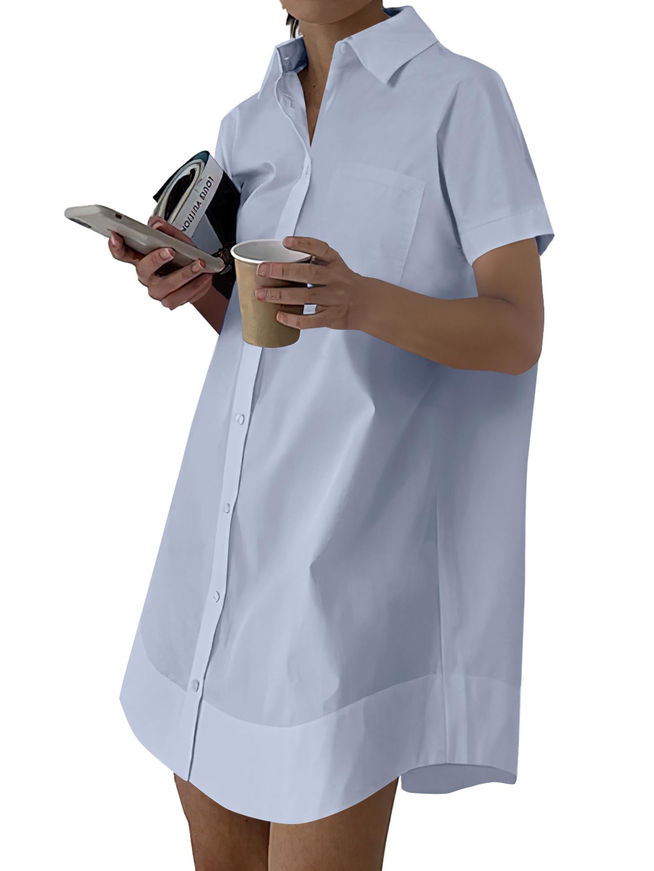 Rooscier Women Casual Collared V Neck Button Down Short Sleeve Loose Mini Dresse