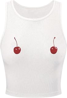 RoseSeek Women's Cherry Print Cropped Tank Top Scoop Neck Sleeveless Slim Fit Summer Tops