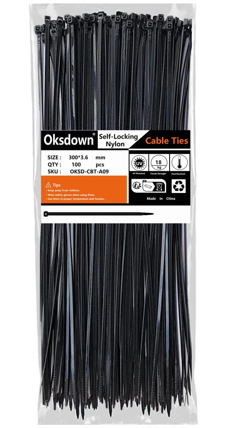Oksdown 100 Pack Black Plastic Cable Ties 300mm×3.6mm Heavy Duty Strong Nylon Pr