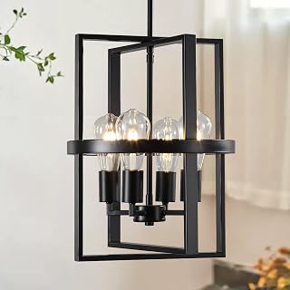 4-Light Black Lantern Pendant Light, Modern Black Chandelier for Dining Room, Rustic Geometric Chandeliers Industrial Hanging Light Fixtures for Kitchen Island Entryway Foyer Hallway Bedroom, E26