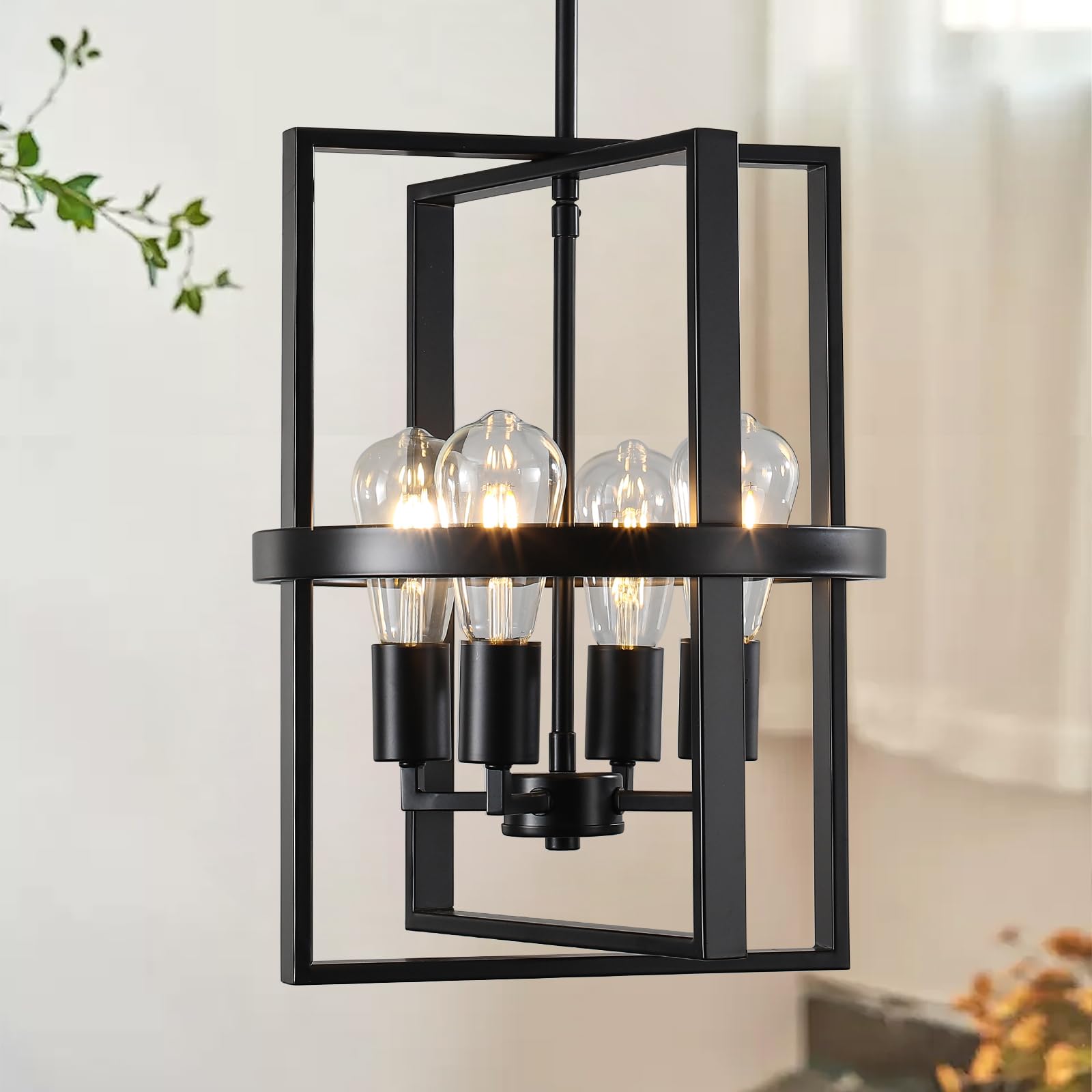 4-Light Black Lantern Pendant Light, Modern Black Chandelier for Dining Room, Ru