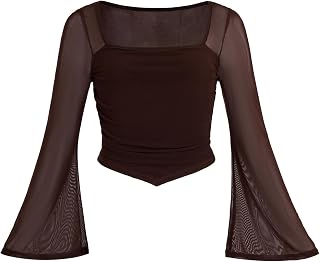 Women's Club Party Contrast Mesh T-Shirt Shirring Square Neck Bell Sleeve Crop Tops