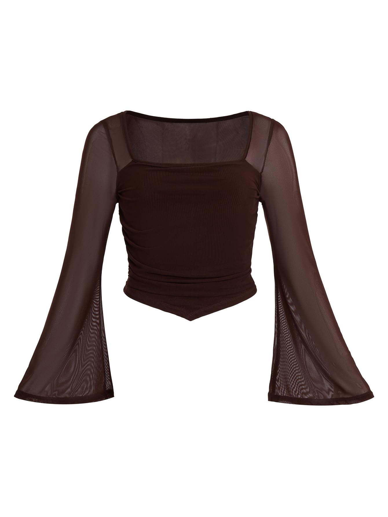 Women's Club Party Contrast Mesh T-Shirt Shirring Square Neck Bell Sleeve Crop T