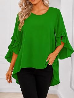 Women Blouse Round Neck Bell Sleeve Loose Fit High Low Hem Casual Fluid Shirt for Work Office Daily Wear