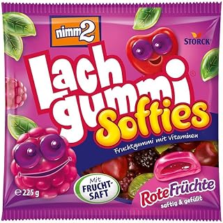 nimm2 Lachgummi Softies Red Fruit, 1 x 225 g, Filled Fruit Gum with Fruit Juice and Vitamins | Fruchtgummi in 6 beerigen Sorten mit Fruchtsaft-Füllung & Vitaminen, Süßigkeit zum Naschen & Teilen für die ganze Familie