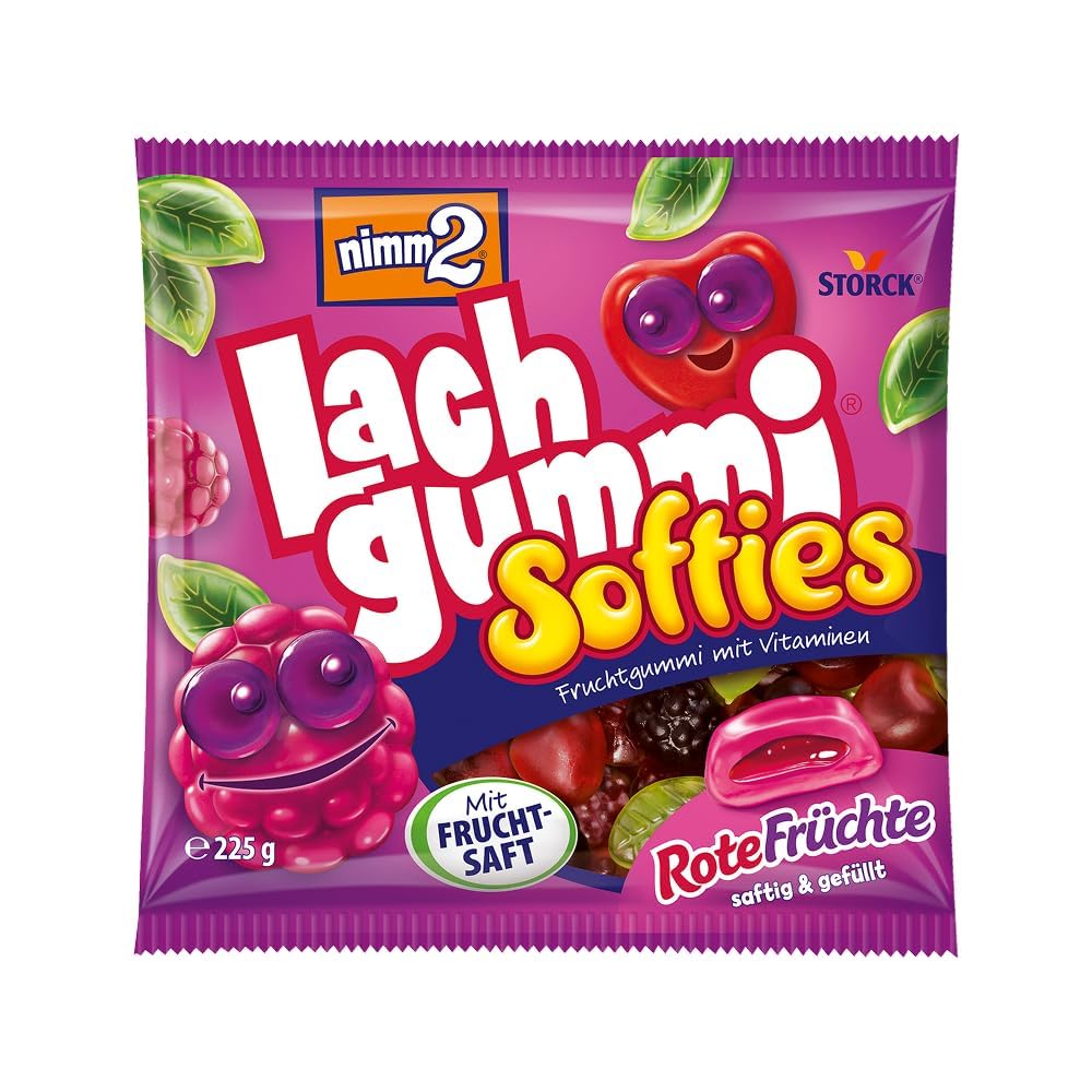 nimm2 Lachgummi Softies Red Fruit, 1 x 225 g, Filled Fruit Gum with Fruit Juice 