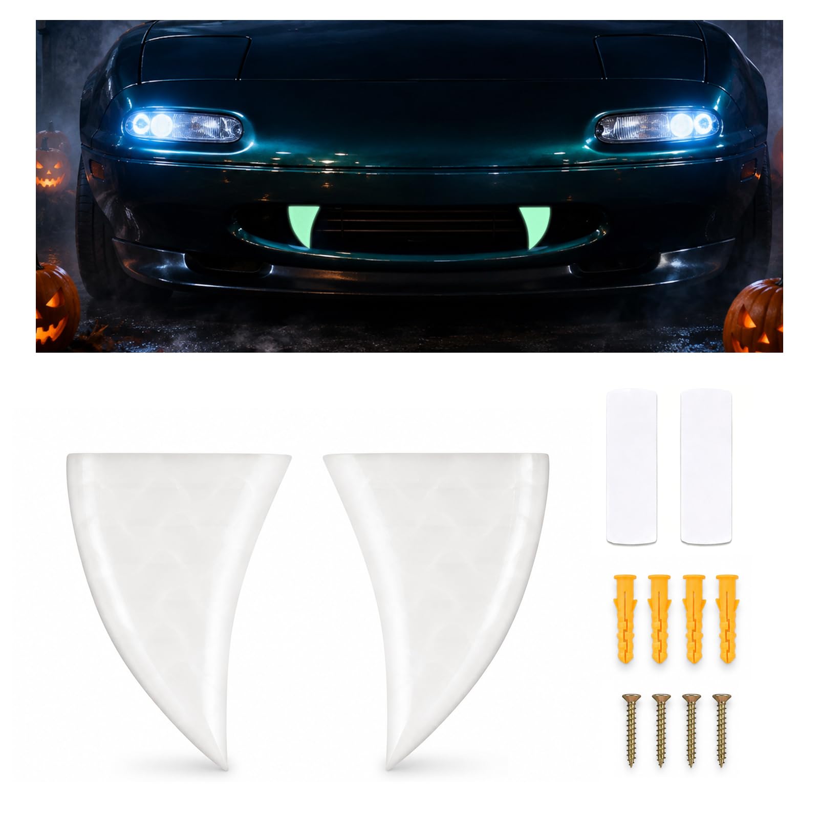 BILEKSU 2PCS Car Fangs Halloween Car Decorations,Luminescent Fangs for Cars | Si