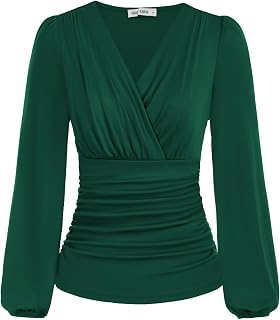 GRACE KARIN Donne Vintage Plissettato Camicie Maniche Lunghe Scollo a V Tinta Unita Top Slim Fit Plissé Top Tunica Estate Autunno Bluse Verde Chiaro L