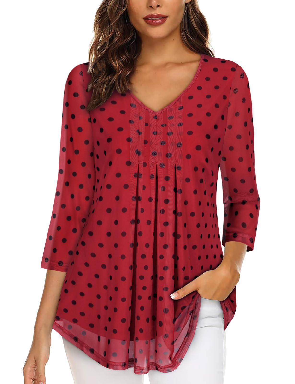 Misyula Style 3/4 Sleeve Tops for Women V Neck Double Layers Blouses