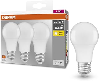 Osram Base Classic A 60 FR LED Bulb with E27 Socket, Bulb, Pack of 3, 8.5 W, 806 lm, 2700 K, Warm White Light, Lower Heat Generation, Very Low Energy Consumption, Long Life