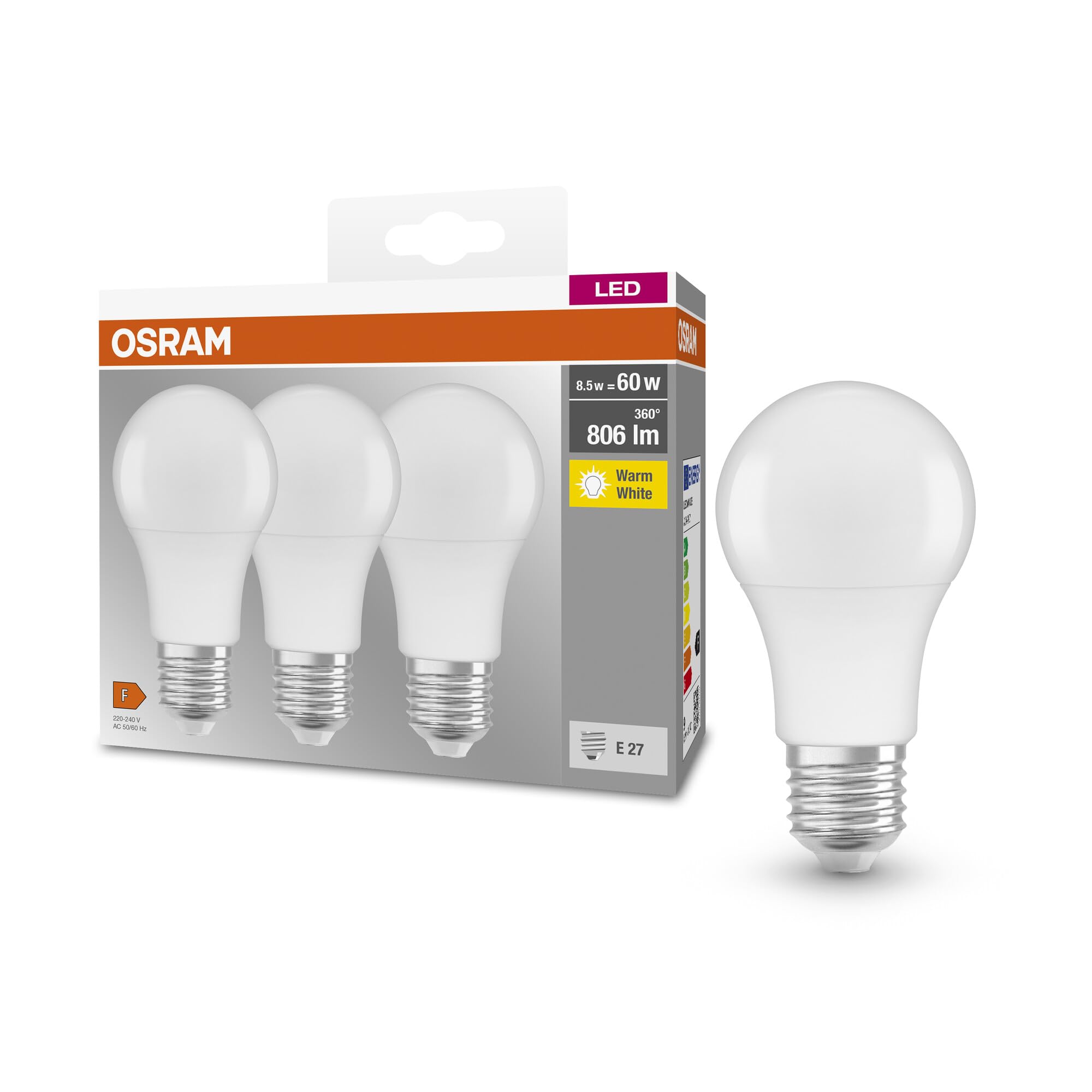 Osram Base Classic A 60 FR LED Bulb with E27 Socket, Bulb, Pack of 3, 8.5 W, 806