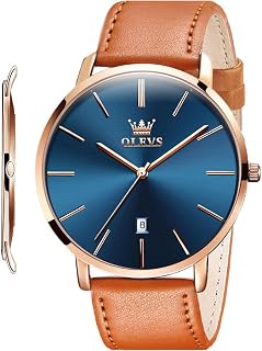 OLEVS Men's Watch Minimalist Ultra Thin Fashion Casual Analog Quartz Date Waterproof Slim Simple Large Dial Retro Leather Band Watch for Men