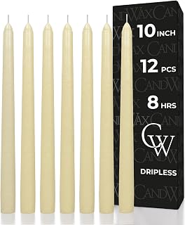 CANDWAX 10 inch Tapered Candles - Set of 12 Pearl Unscented Dripless Candlesticks - Perfect for Dinner - Ivory Candle