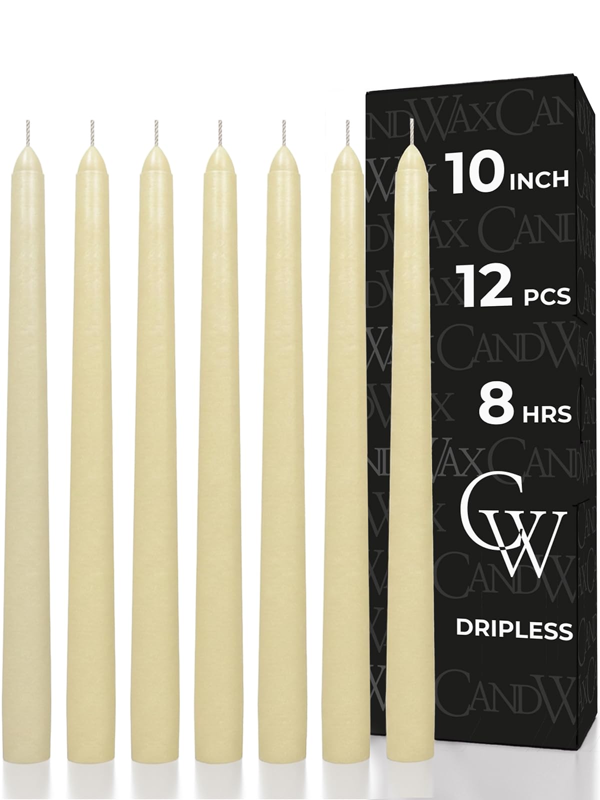 CANDWAX 10 inch Tapered Candles - Set of 12 Pearl Unscented Dripless Candlestick