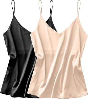 Ekouaer Women's Silk Satin V Neck Casual Sleeveless Tops 2024 Basic Tank Tops Summer Blouses XS-3XL