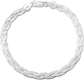 Amberta Women's 925 Sterling Silver Braided Herringbone Chain Bracelet (Length 7.5 inch)