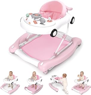 5-in-1 Convertible Baby Walker with Steering Wheel Music Activity Center – Infant Rocker, Jumper, Push Walker, Bouncer &amp; Feeding Foldable Walker for Ages 6-18 Months Boys Girls (Pink)