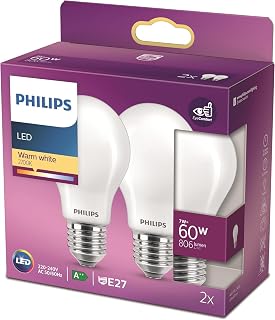 Philips Standard LED Light Bulb E27 60W Frosted Warm White Glass, Pack of 2