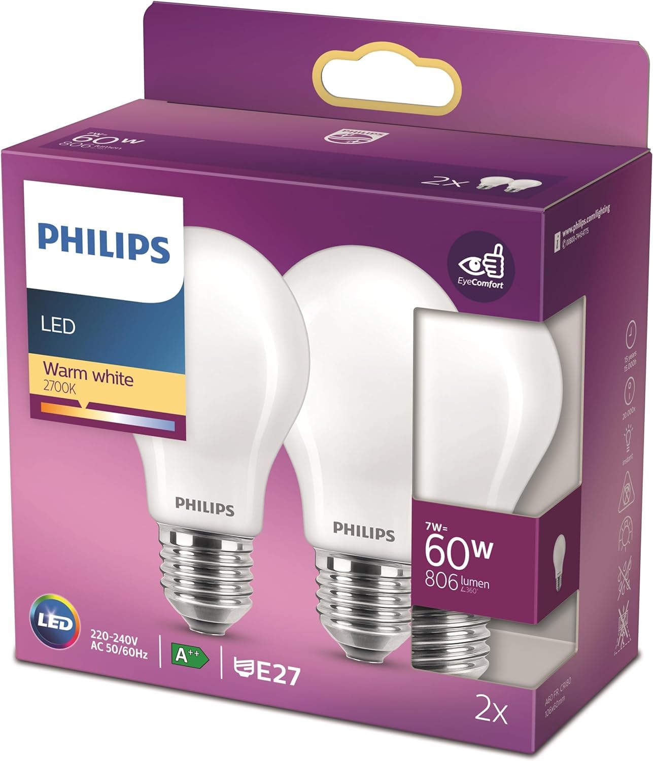 Philips Standard LED Light Bulb E27 60W Frosted Warm White Glass, Pack of 2