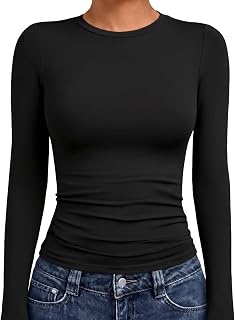 AUTOMET Womens Crew Neck Long Sleeve Shirts Compression Underscrubs Tops | Gym to Street, High Stretch, Buttery-Soft, Pairs with Jeans or Skirts, Travel Ready Staple, Versatile Layering Staple