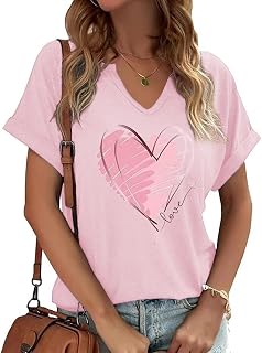 T-shirt da donna a maniche corte con scollo a V, con stampa a cuore, per San Valentino