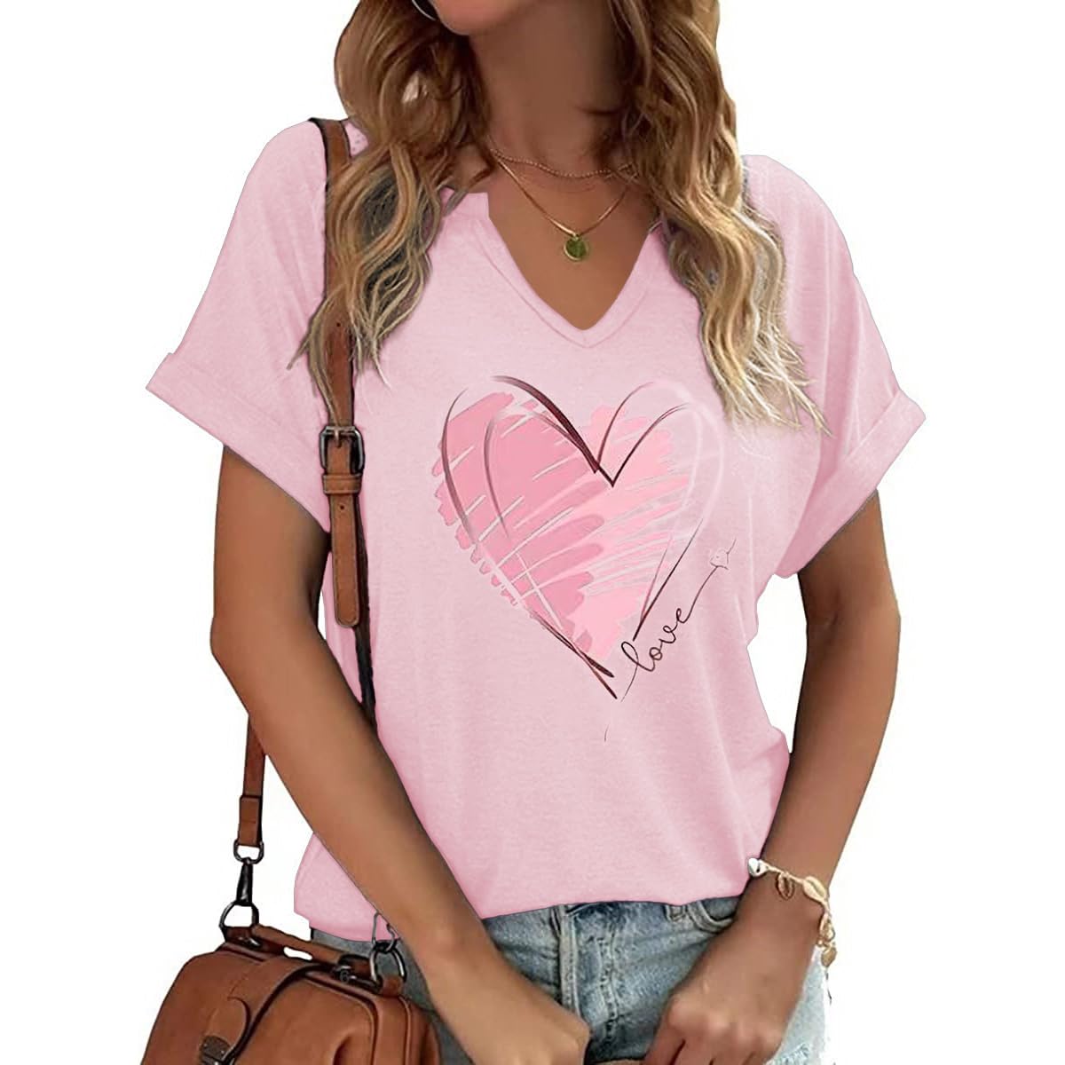 T-shirt da donna a maniche corte con scollo a V, con stampa a cuore, per San Val