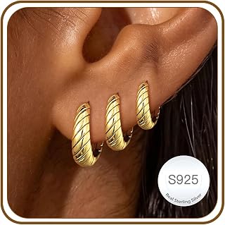 Lunvky 3 Pairs Sterling Silver Hoop Earrings for Girls Women Hypoallergenic 14K Gold Plated Small Huggie Hoops Chunky Earring Sets for Multiple Piercings Sleeper Jewellery Birthday Gifts