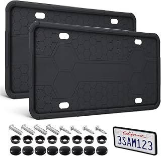 RJUP License Plate Frame 2 Pack Black, Universal Silicone License Plate Holder for Cars, SUVs, Vans, Rustproof & Weatherproof, Anti-Scratch License Plate Protector, Easy Installation for Men & Women