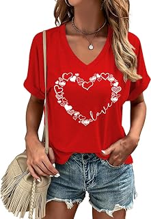 Woffccrd Womens Short Sleeve V Neck T-Shirts Valentina's Day Spring Shirts Love Heart Graphic Tees