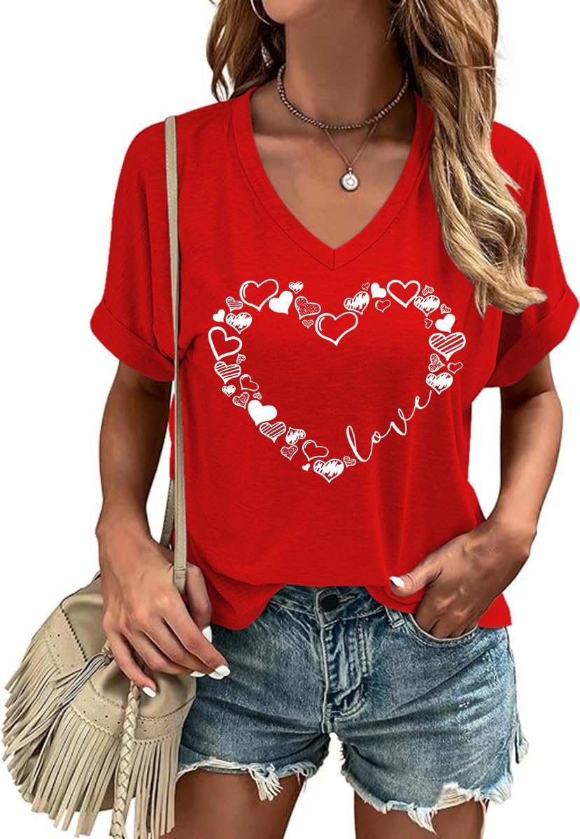 Woffccrd Womens Short Sleeve V Neck T-Shirts Valentina's Day Spring Shirts Love 