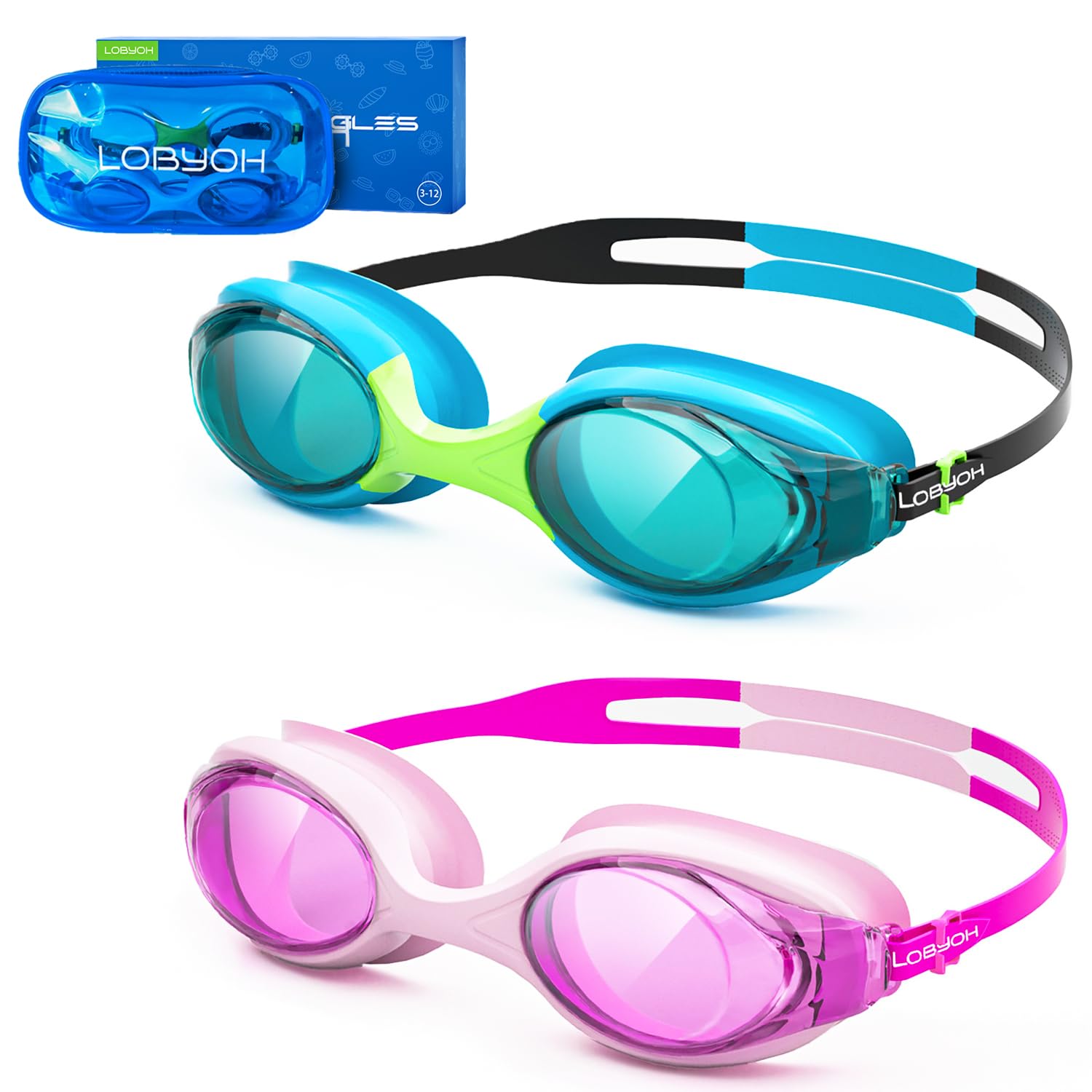 Lobyoh Kids Swimming Goggles, 2 Pieces Swimming Goggles for Toddlers and Youth, 