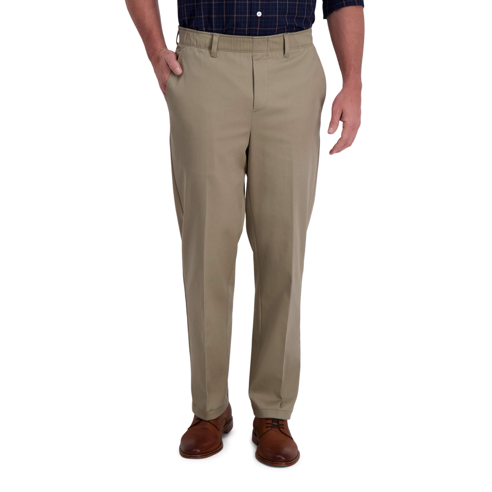 Haggar Men's Iron Free Premium Khaki Classic Fit Flat Front Expandable Waist Cas