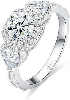 3 Stone Engagement Ring 18 K White Gold Plated S925 Sterling Silver Promise Rings For Her Vintage Wedding Rings For Women