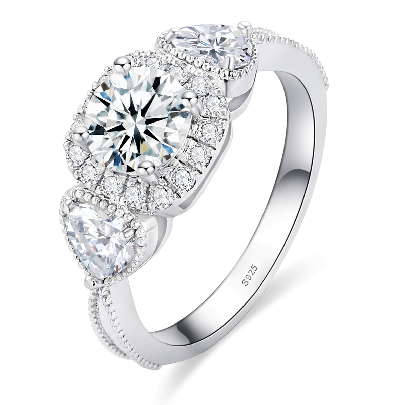 3 Stone Engagement Ring 18 K White Gold Plated S925 Sterling Silver Promise Ring