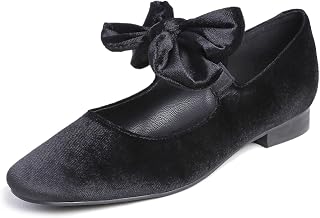 Feversole Women's Mary Jane Fashion Square Toe Square Toe Easy Buckle Low Heel Slip On Flats Black Velvet Bow Tie Size 4 UK